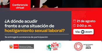 Conferencia online gratis "¿A dónde acudir frente a una situación de hostigamiento sexual laboral?" del MTPE