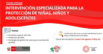 Curso online "Intervención Especializada para la Protección de Niñas, Niños y Adolescentes" del MIMP