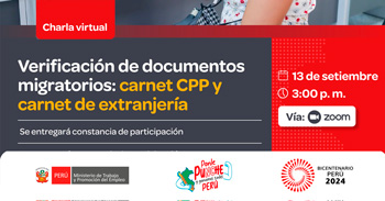 Charla online gratis "Verificación de documentos migratorios: carnet CPP y carnet de extranjería" del MTPE