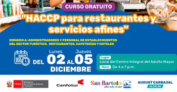 Curso presencial gratis  HACCP para restaurantes y. servicios afines de la Municipalidad Distrital de San Bartolo