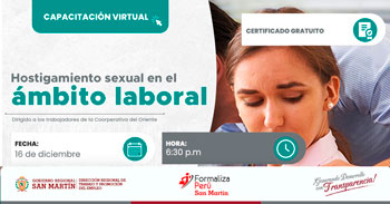 Capacitación online gratis "Hostigamiento sexual en el ámbito laboral" del DRTPE  de San Martín