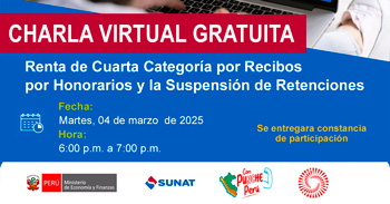  Charla online gratis "Renta de Cuarta Categoría por Recibos por Honorarios y la Suspensión de Retenciones"