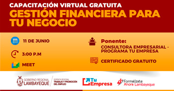 Capacitación online gratis "Gestión financiera para tu negocio" de GRTPE Lambayeque