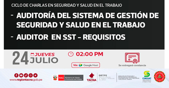  Charlas virtuales gratuitas "Seguridad y salud en el trabajo" de la DRTPE Región Tacna