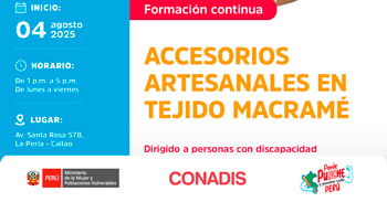 Curso presencial gratuito "Accesorios artesanales en tejido macramé" del MIMP Conadis
