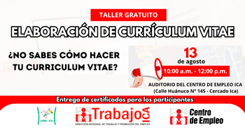  Taller presencial gratis "Elaboración de Curriculum Vitae" de la DRTPE de Ica