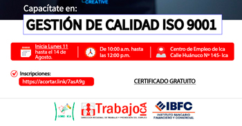   Capacitación Presencial gratis "Gestión de calidad ISO 9001" de la DRTPE de Ica