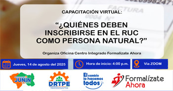  Capacitación online gratis "¿Quiénes deben inscribirse en el RUC como persona natural?" de  la DRTPE Junín