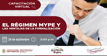 Capacitación online gratis "El régimen MYPE y las ventajas de la formalización" de la DRTPE de San Martín