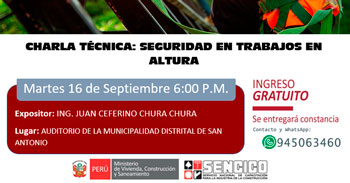 Charla presencial gratis "Seguridad en trabajos en altura" del SENCICO