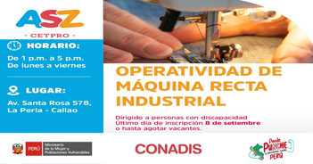 Curso presencial gratis "Operatividad de máquina recta industrial" del MIMP Conadis