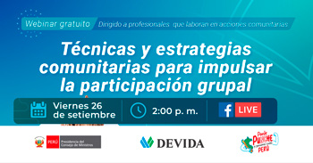 Webinar online "Técnicas y estrategias comunitarias para impulsar la participación grupal" de DEVIDA PERÚ