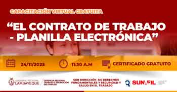 Capacitación online gratis "El Contrato de Trabajo - Planilla Electrónica" de la GRTPE Lambayeque