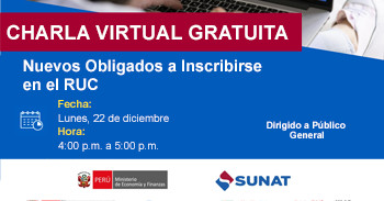 Charla online gratis "Nuevos Obligados a Inscribirse en el RUC" de la SUNAT