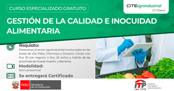 Curso especializado gratis "Gestión de la Calidad e Inocuidad Alimentaria" de la UT Huaura
