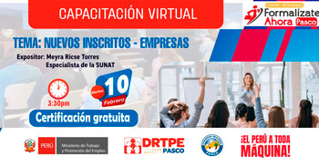  Capacitación online gratis "Nuevos inscritos - Empresas" de la DRTPE Pasco