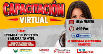 Capacitación online "Optimiza tus procesos y mejora tu MYPE"  de la DRTPE de Madre de Dios