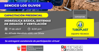  Capacitación presencial gratis "Hidráulica Básica, Sistemas de Desagüe y Ventilación" de Sencico