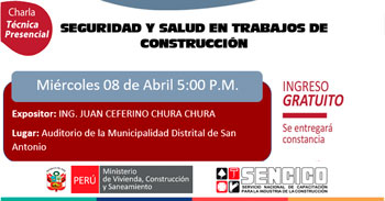 Charla presencial gratis "Seguridad y salud en trabajos de construcción" de Sencico