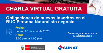 Charla online gratis "Obligaciones de nuevos inscritos en el RUC Persona Natural con negocio" de la SUNAT