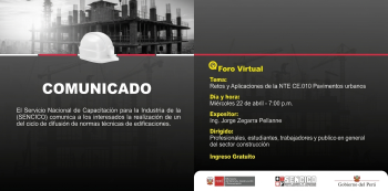 Foro virtual en línea - "Retos y Aplicaciones de la NTE CE. 010 Pavimentos urbanos" Sencico Tacna