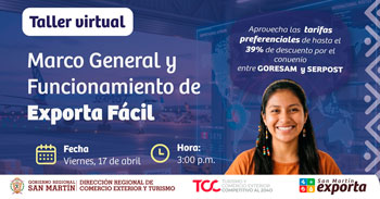 Taller virtual gratis "Marco General y Funcionamiento de la Herramienta Exporta Fácil" del Dircetur San Martín